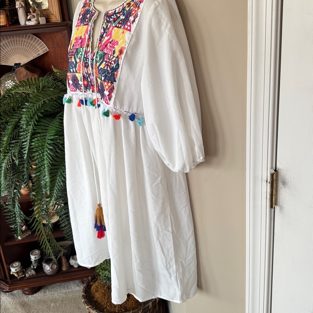 White Colorful Embroidered Tassel Babydoll Dress Puff Sleeves Beach V-Neck Mini - Picture 6 of 12